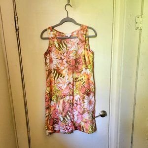 JJill Tropical Linen Mini-Dress in Coral and Gold Small w/Pockets!